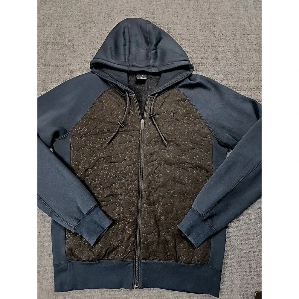 Jordan Jumpman Sweatshirt Hoodie‎ M Blue Gray Quilted Black Blact Cat 23 Bulls
